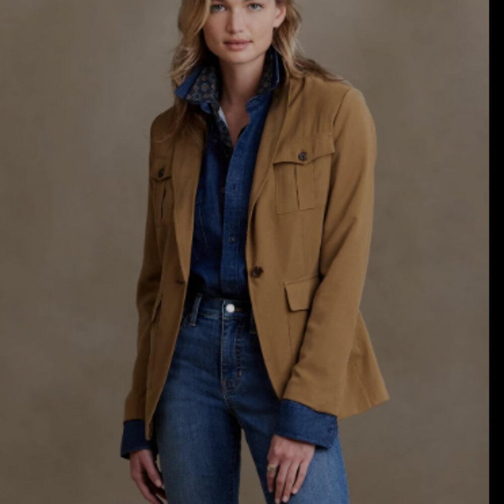 Military Double Pocket Drapey Twill Blazer with Belt